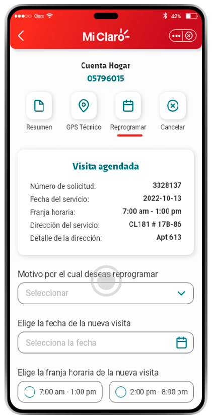 Paso 6 - Reagenda o cancela visitas técnicas en App Mi Claro 